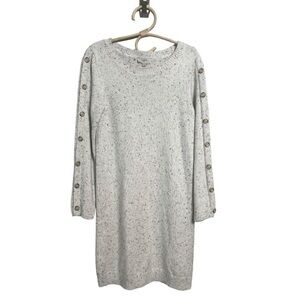 LOFT Button Sleeve Sweater Crew Neck Dress in Speckled Oatmeal Cream Size S